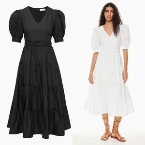 Little Moon Aritzia Dario Poplin Puff Sleeve Tiered Dress Black Womens‎ Size 12